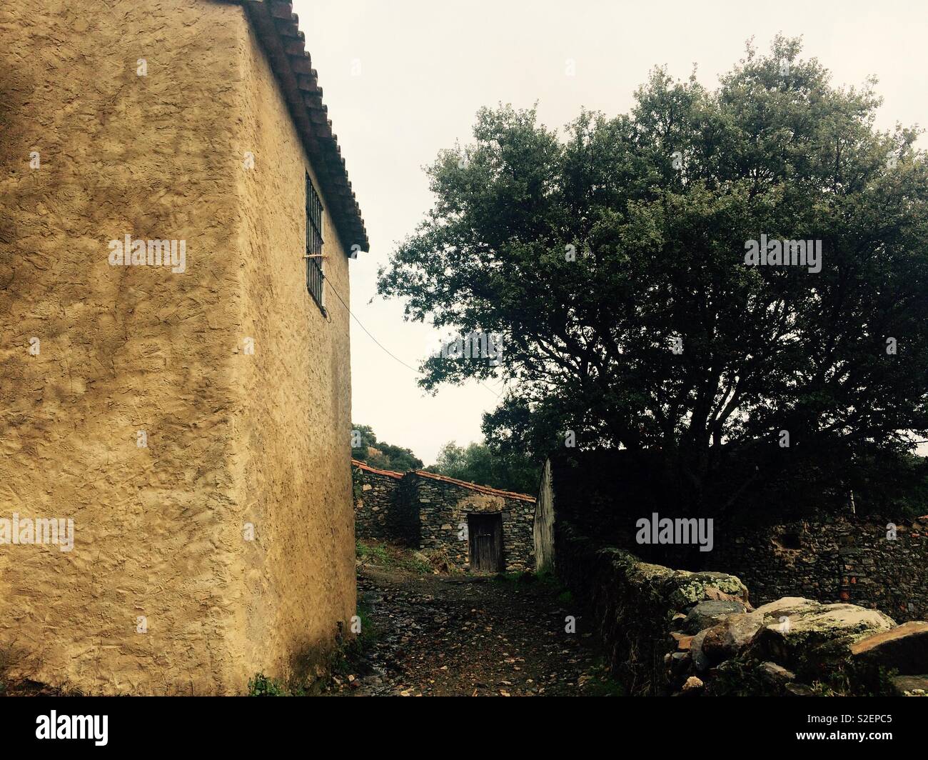 Mirando hacia abajo angosto callejón en casa antigua de piedra en la granja en el paisaje montañoso de Los Madroñeros en Andalucia España Foto de stock