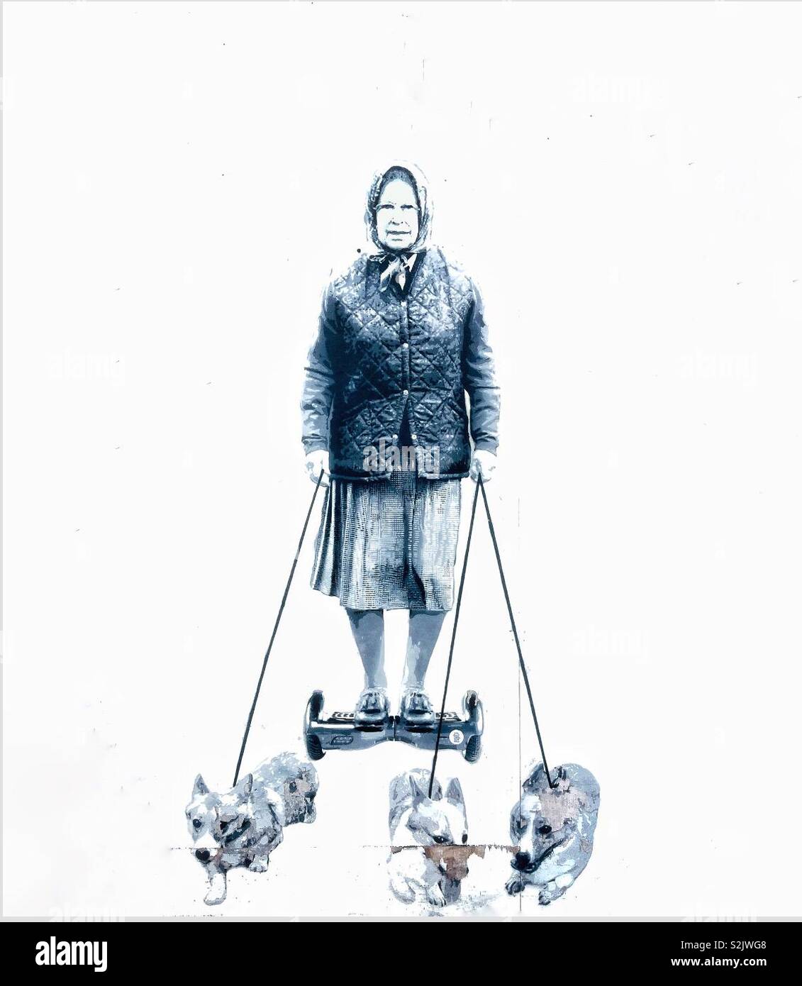 Su Majestad la Reina en un hoverboard con perros Street art. Foto de stock