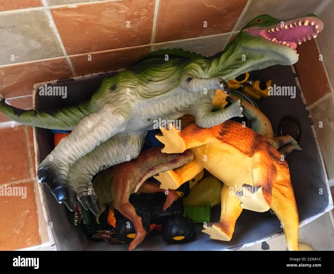 Caja de dinosaurios de juguete Fotografía de stock - Alamy