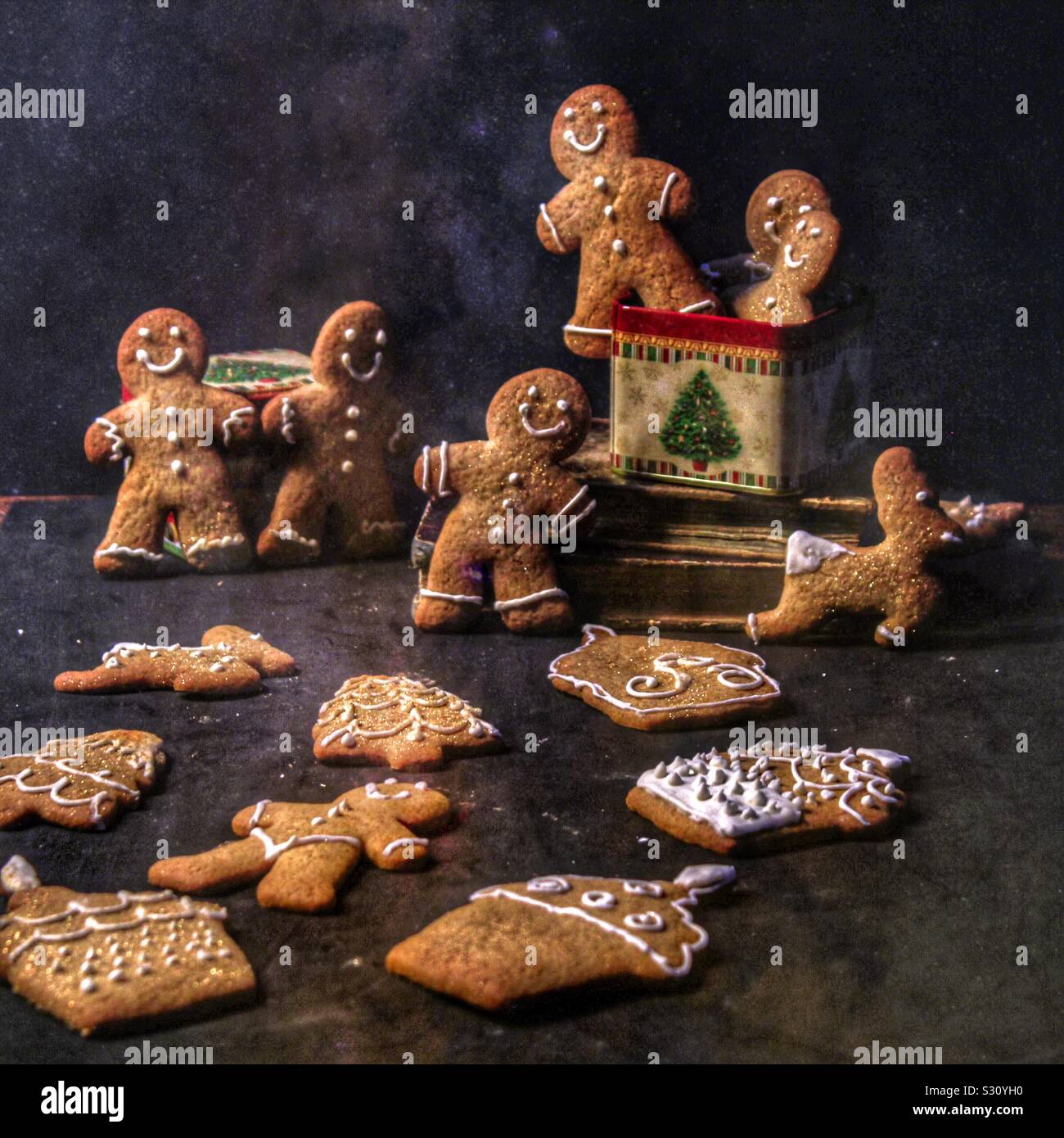 Las galletas de jengibre, colocado en una lata de estaño colocados sobre los libros Foto de stock