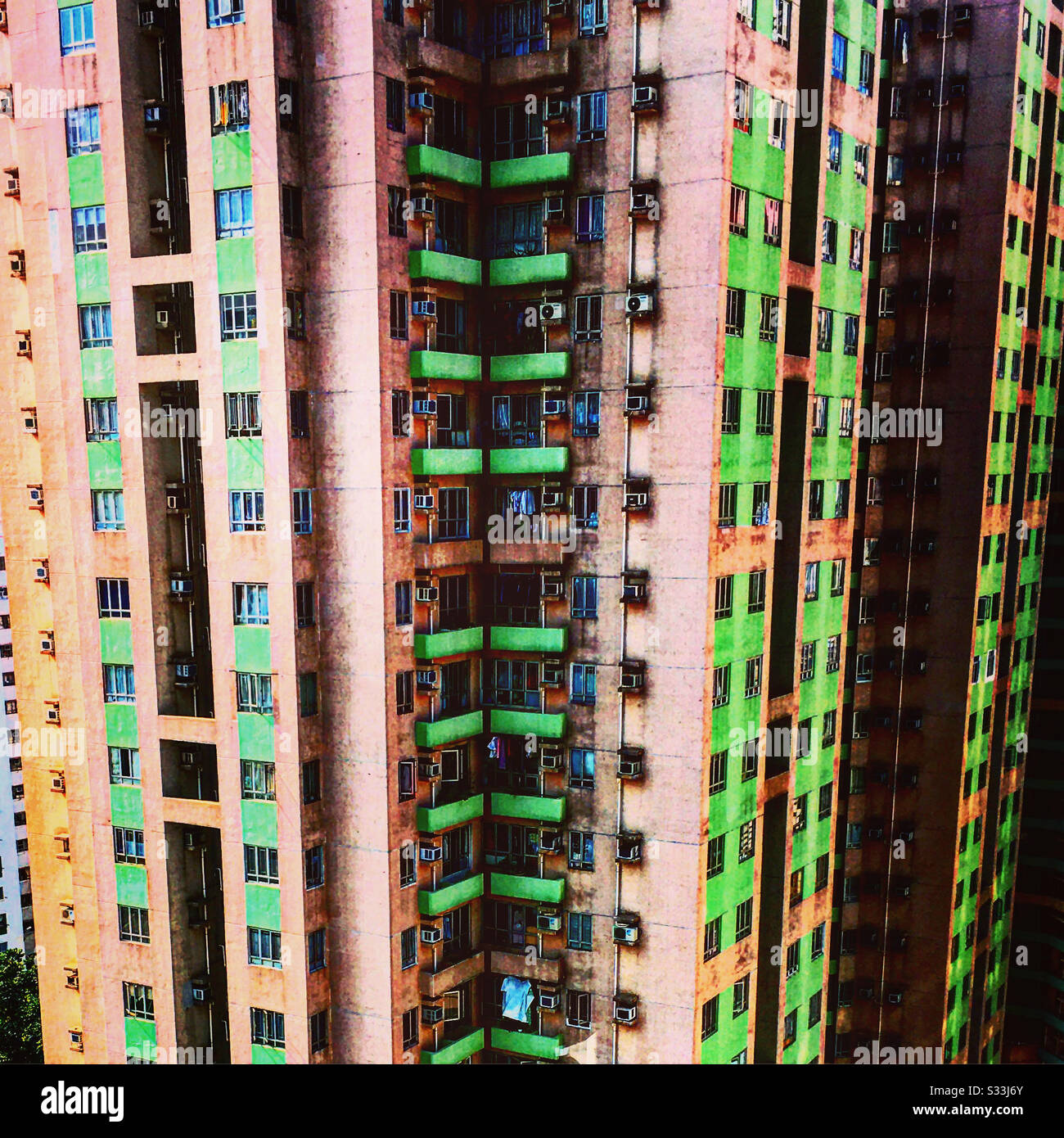 Detalle de una torre de habitación en Hong Kong Foto de stock