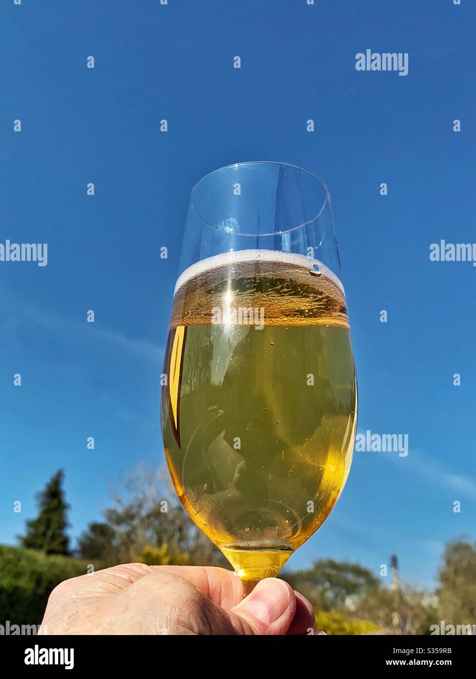 Vaso de cerveza lager dorada sostenido contra un cielo azul profundo Foto de stock