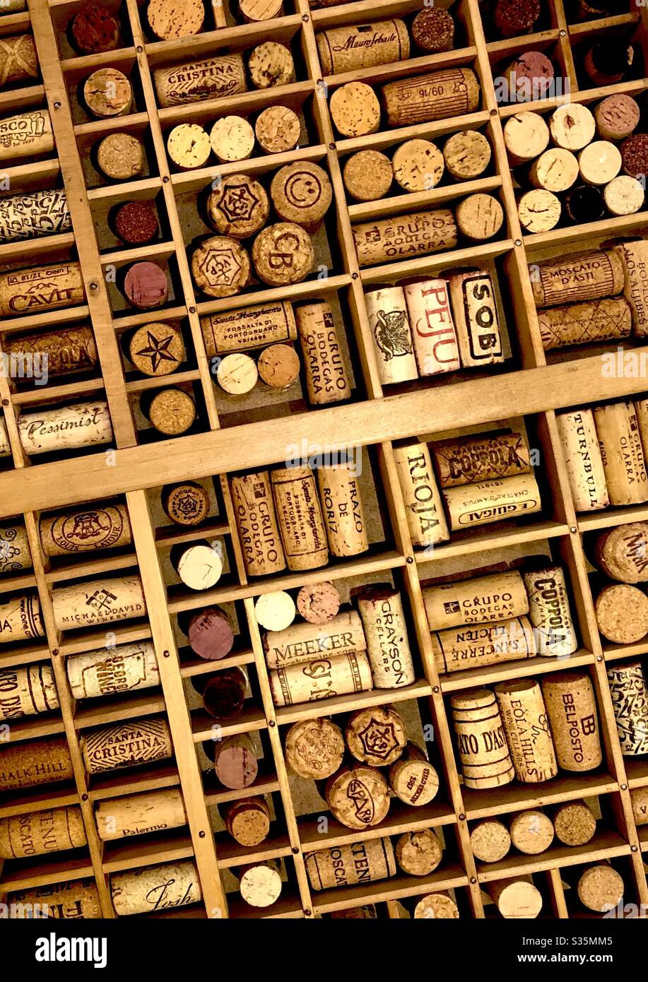 Collage de varias marcas de corchos de vino dispuestos en una bandeja de impresoras Foto de stock