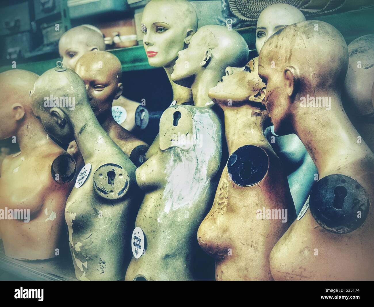 Los cuerpos superiores femeninos del maniquí alineados en un almacén de salvamento Foto de stock