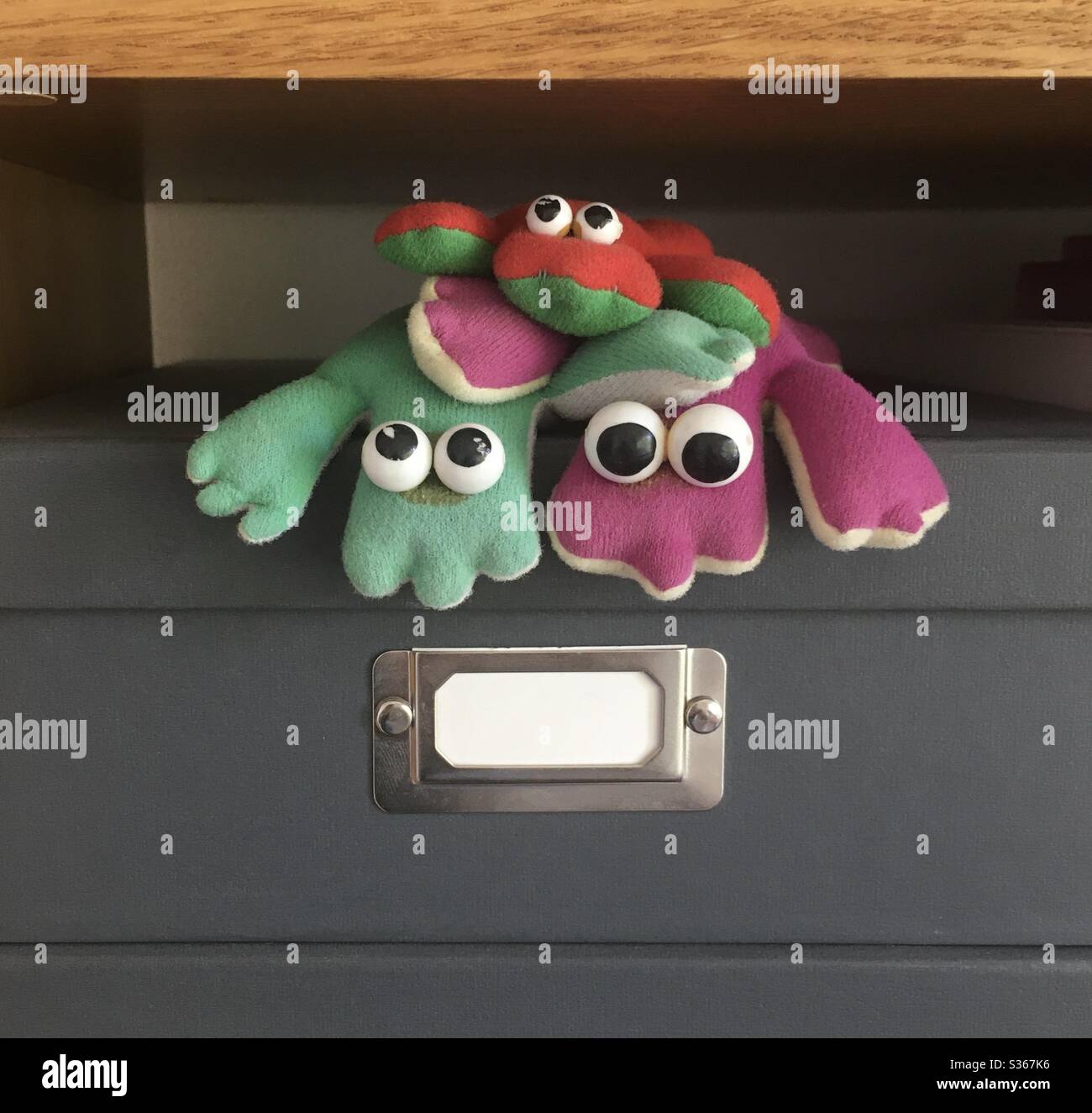 Familia de tres ranas de juguete blando sentadas en una caja de limadura Foto de stock