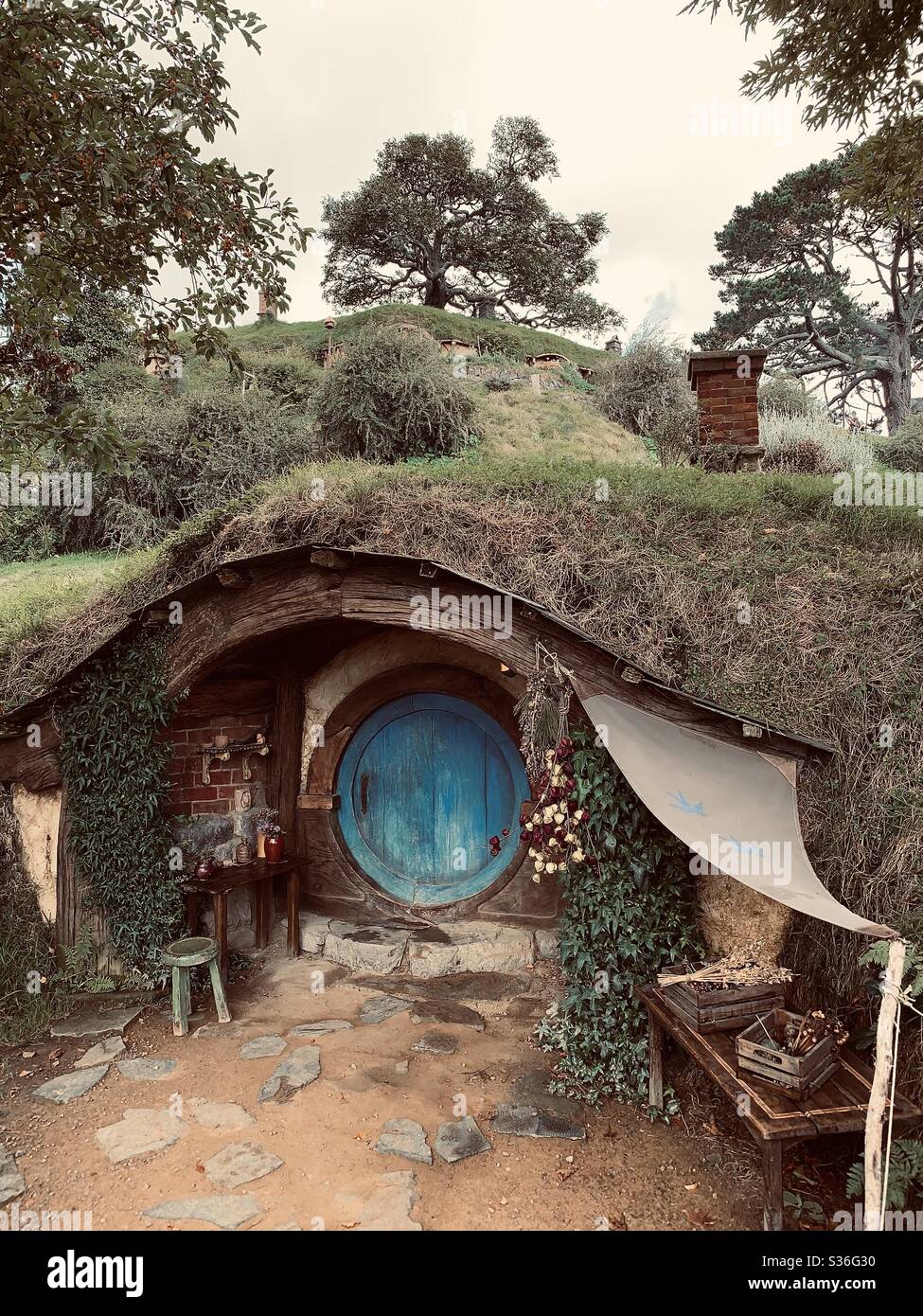 Hobbiton. Bucólico lugar en Nueva Zelanda donde viven los hobbits de la Tierra Media. El Señor de los anillos de cine. Puerta azul de forma redonda rodeada de árboles Foto de stock