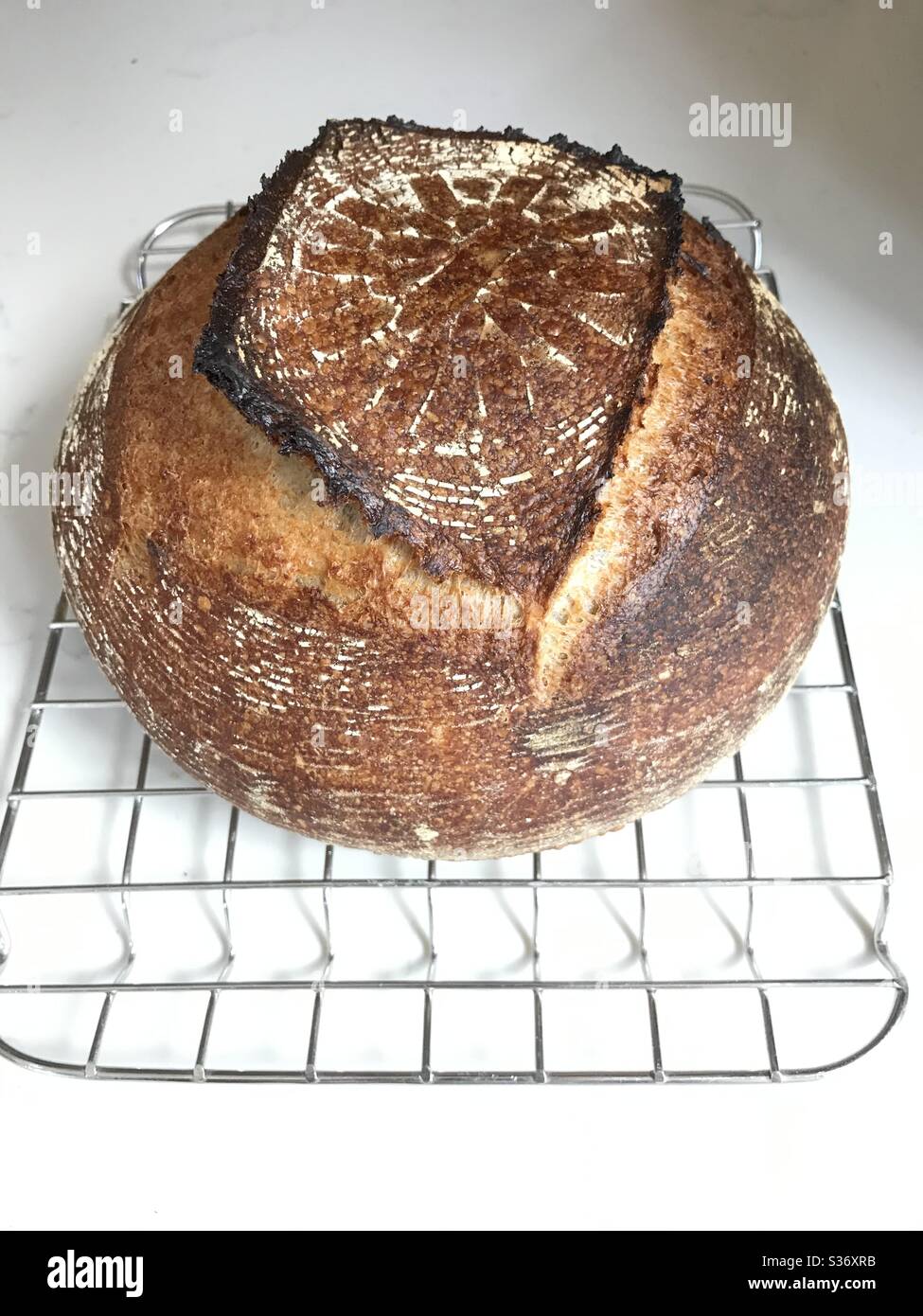 Pan recién horneado de masa fermentada que se enfría en un estante Foto de stock