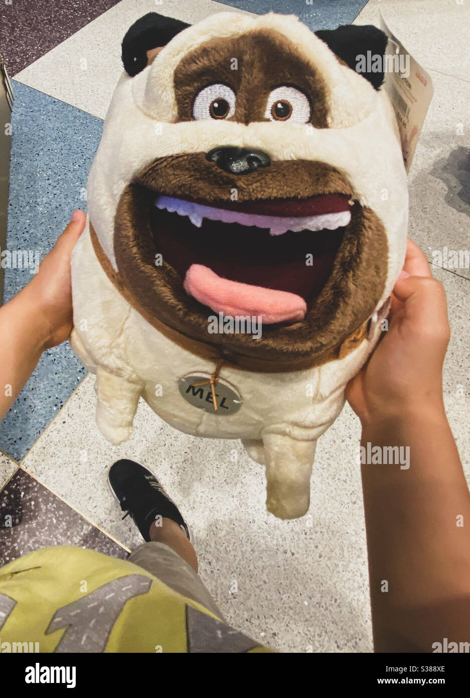 Un niño que sostiene a un animal de peluche Mel, el pug de la vida Secreta de mascotas en la tienda Universal Studios. Foto de stock