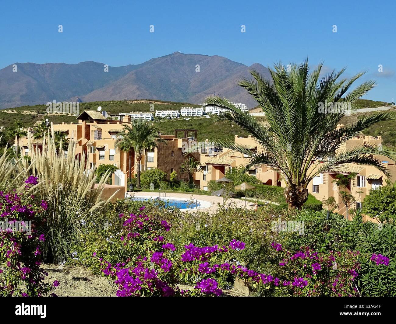Zona residencial con piscina y montañas en el fondo Foto de stock