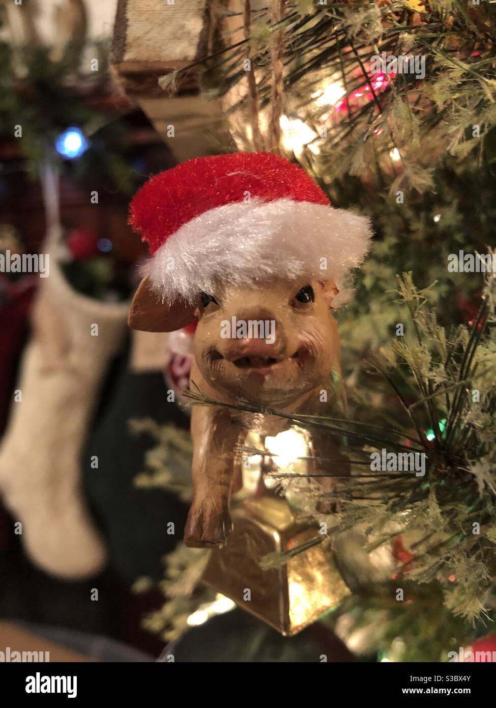 Un adorno de árbol de Navidad de un cerdo con un sombrero de Santa con una  campana colgando del vientre Fotografía de stock - Alamy