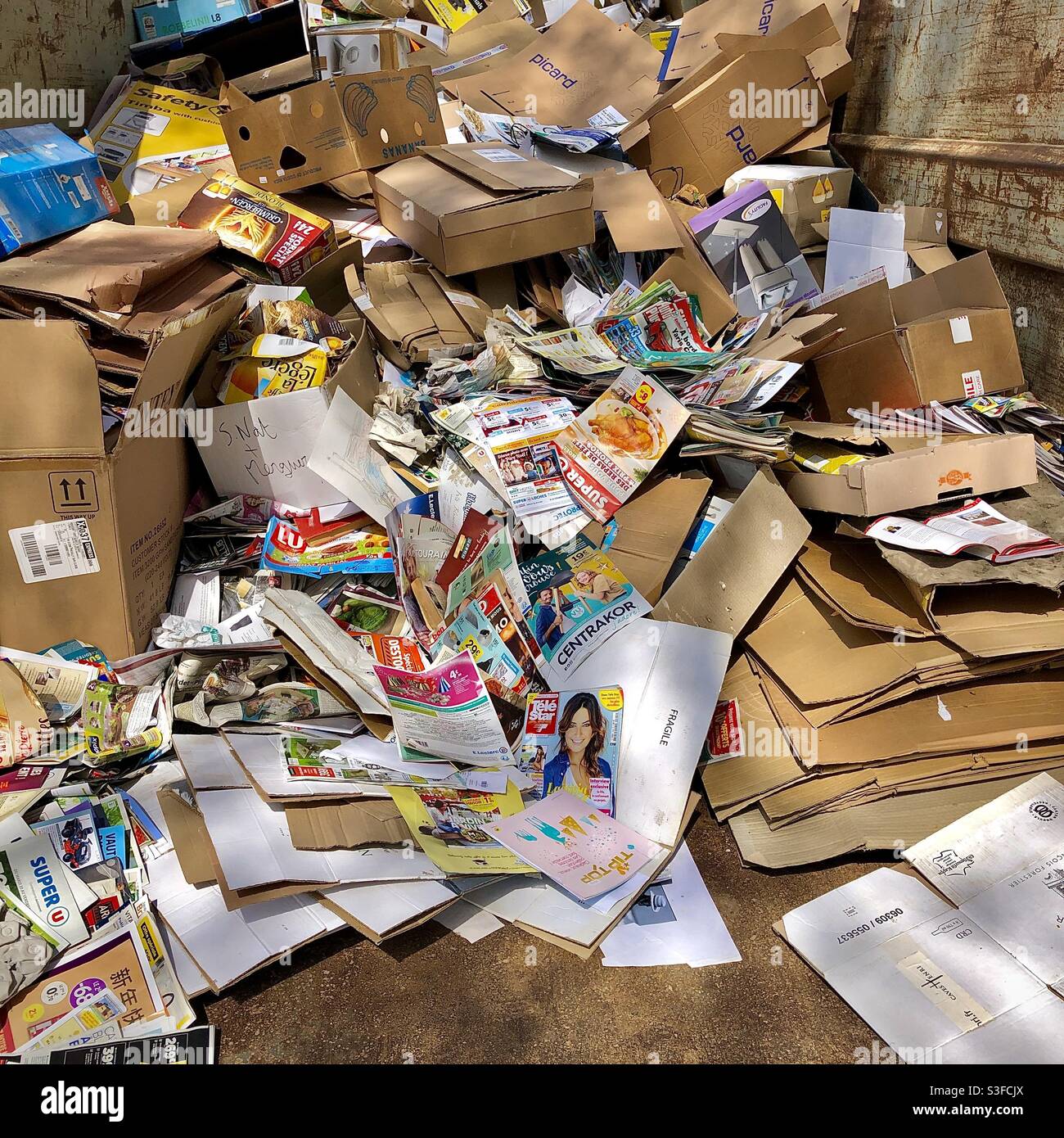 Basura saltarse medio lleno de papel y cartón para el programa de reciclaje  - Francia Fotografía de stock - Alamy