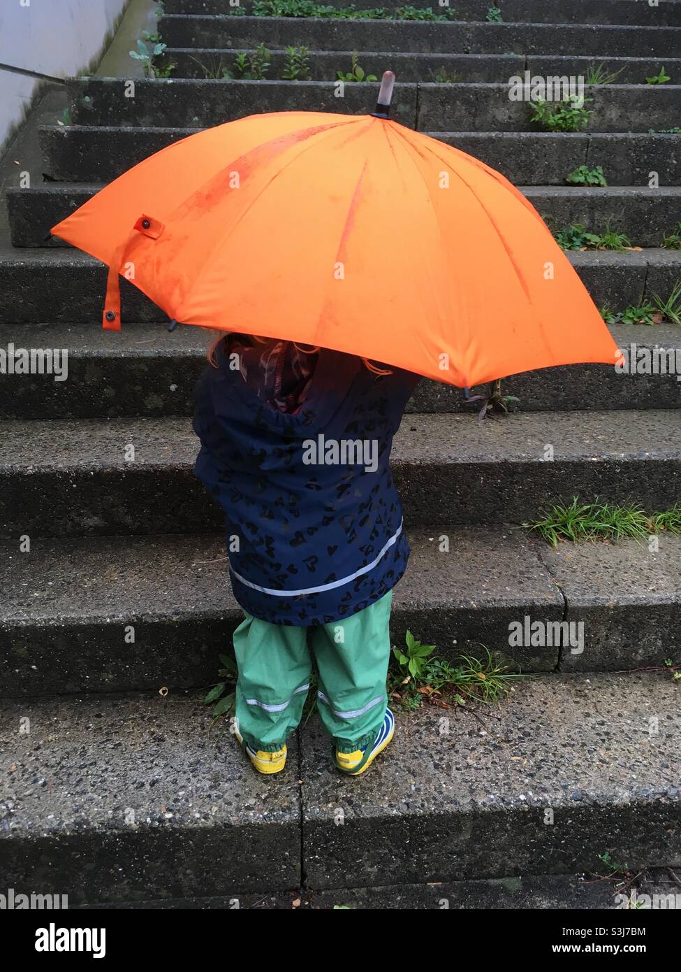Vista trasera de un niño pequeño con un paraguas naranja grande en una escalera en otoño Foto de stock
