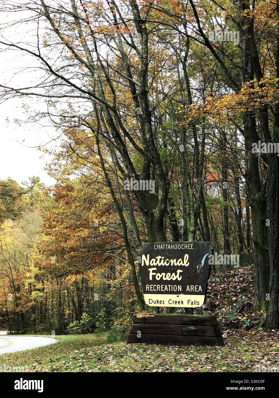 Entrada a la zona recreativa del Bosque Nacional en Duke Creeks Falls en White County, Georgia, EE.UU. Foto de stock