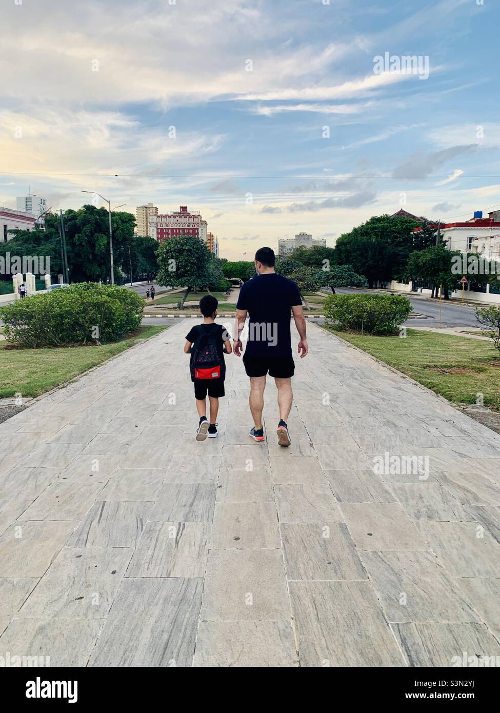 Padre e hijo caminando por el parque peatonal, fotografiado desde atrás. Concepto de crianza Foto de stock