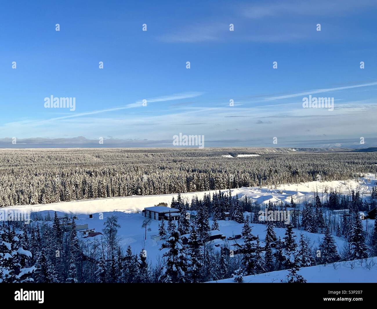 Techos cubiertos de nieve, tierra y bosque siempreverde cerca de Glennallen, AK en un claro día de marzo. Foto de stock