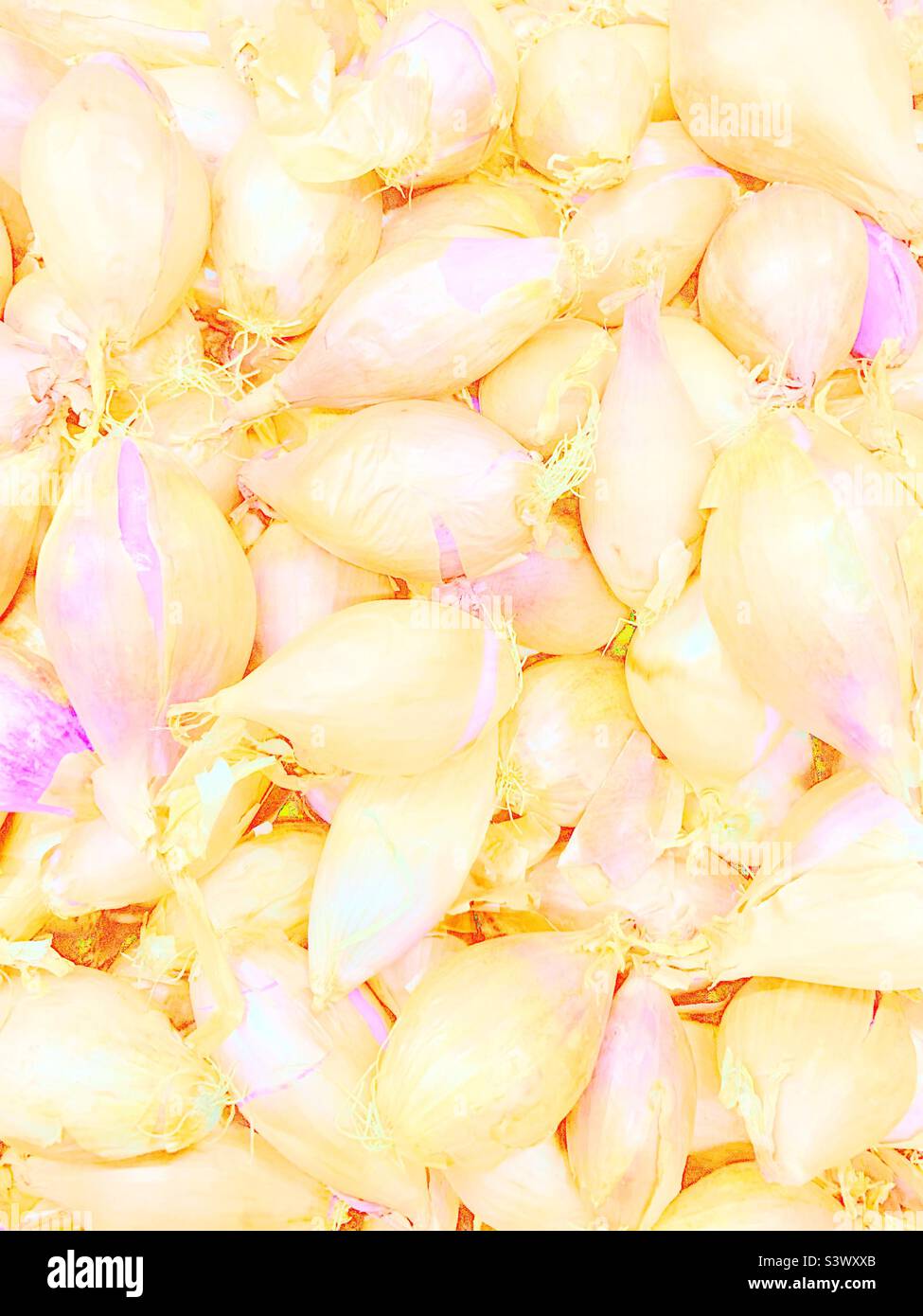 Vista descolorida de cebollas frescas en un montón. Foto de stock