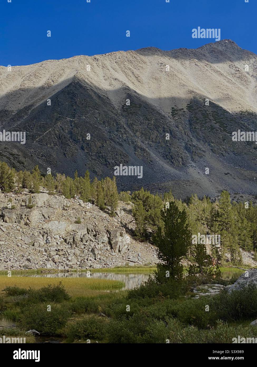 Montañas de Sierra Nevada ubicadas en el drenaje de Rock Creek, cerca del Bucle del Lago de Junio de California y Mammoth Foto de stock