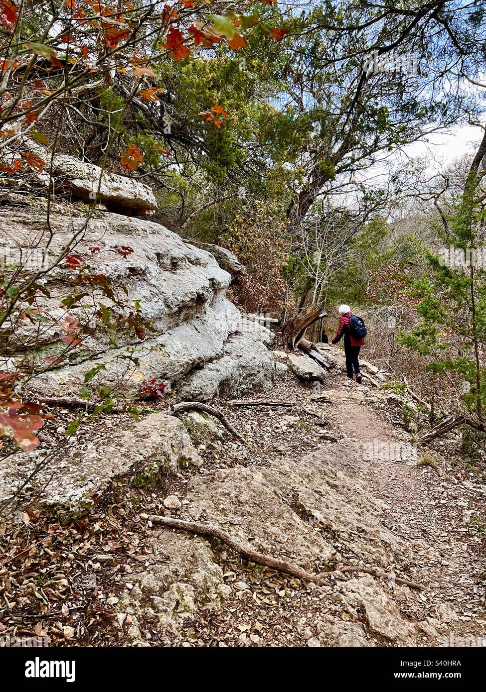 Senderismo activo para personas mayores en el bosque en un sendero ubicado en el Parque Estatal Madre Neff, Texas, en el otoño Foto de stock