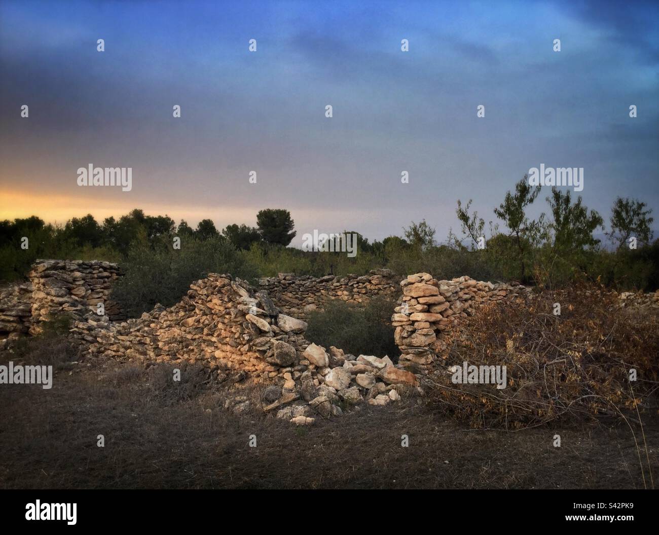 Edificio agrícola en ruinas, Cataluña, España. Foto de stock