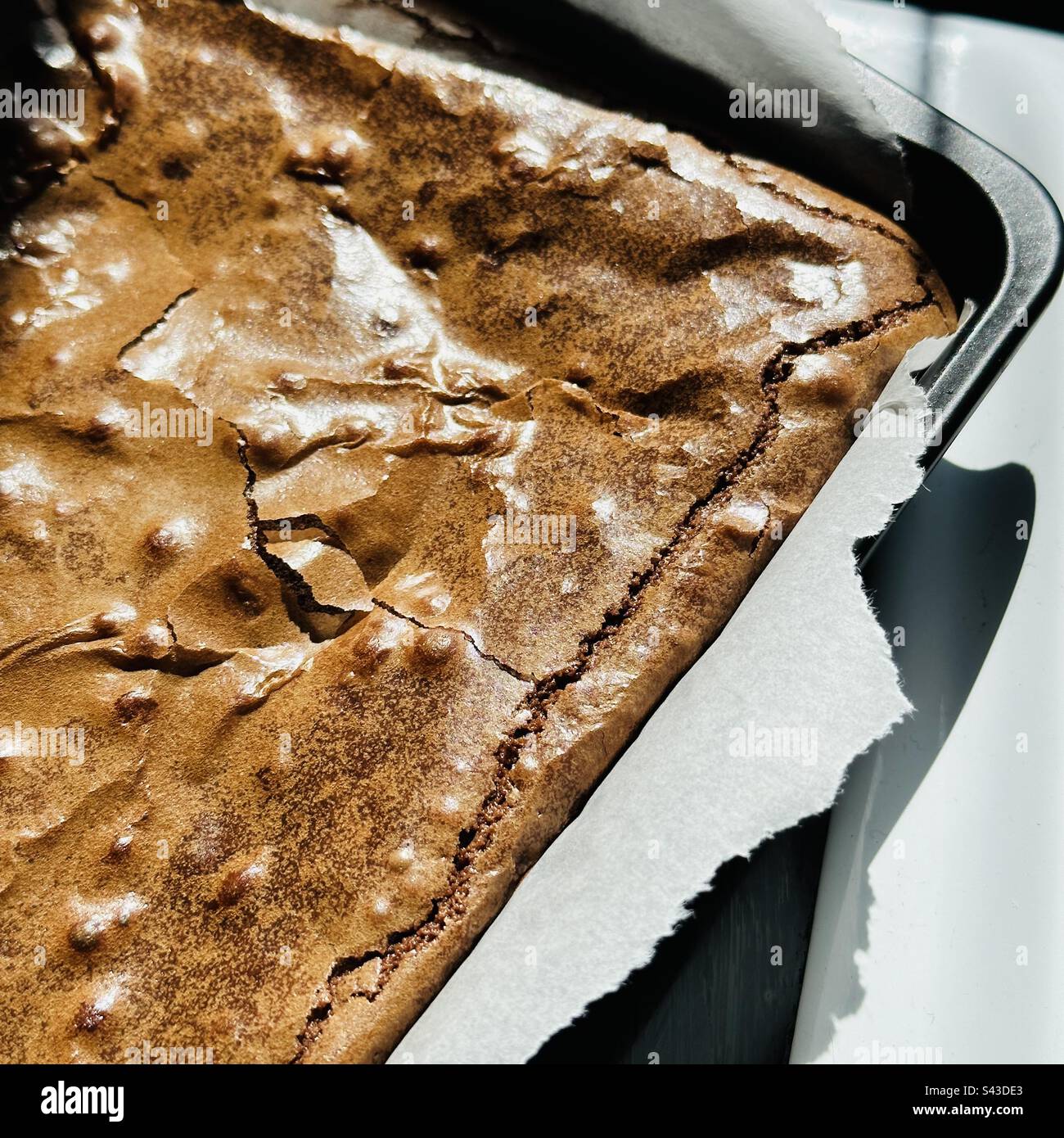 Brownie de chocolate cocinando en una lata de horno bajo el sol Foto de stock