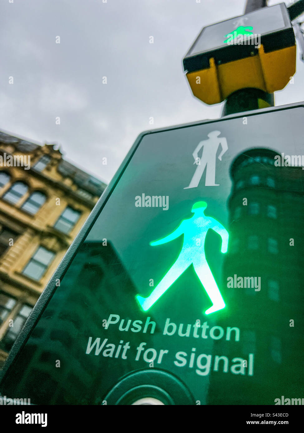 Cruce peatonal de frailecillo con luz de hombre verde Foto de stock