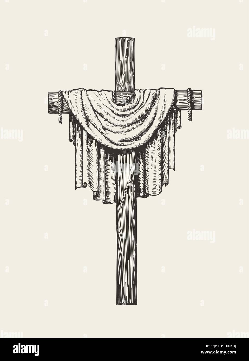 Crucifijo, la cruz y el sudario dibujadas a mano. Signo religioso. Boceto ilustración vectorial Ilustración del Vector