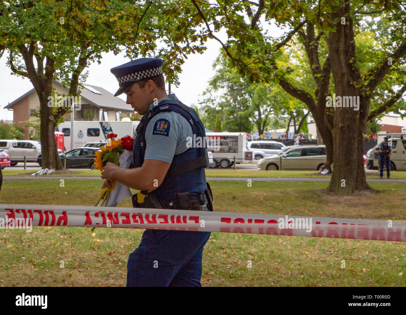 Christchurch, Canterbury, Nueva Zelandia, el 17 de marzo de 2019: Flores para recordar a las víctimas del 15 de marzo de 2019 Christchurch Mezquita tiros Foto de stock