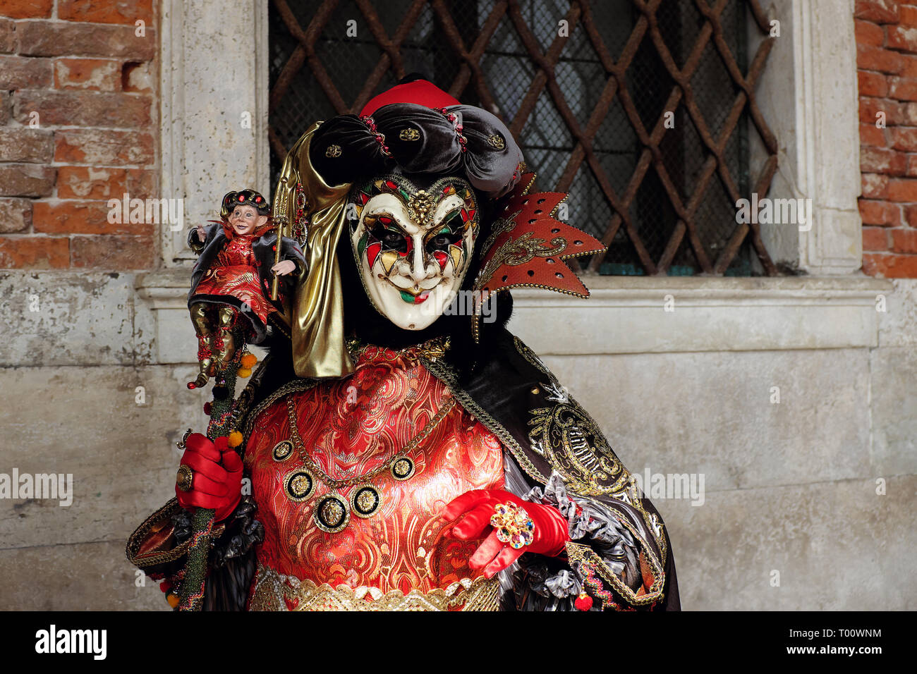 Hombre vestido de máscara tradicional y el traje del Carnaval de Venecia,  situándose en el Palacio Ducal, la Piazza San Marco, Venecia, Véneto,  Italia Fotografía de stock - Alamy