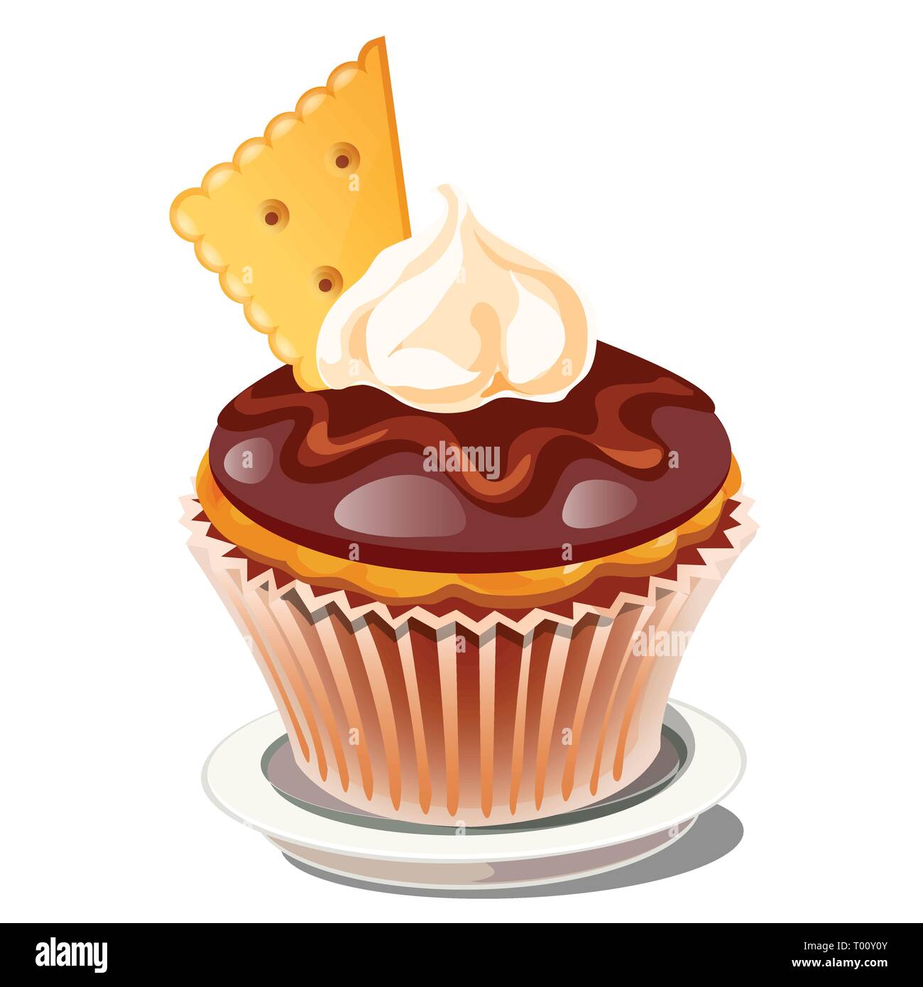 Cupcake con crema batida y cobertura de chocolate marrón con la decoración  de cookies aislado sobre un fondo blanco. Ilustración vectorial de dibujos  animados cerrar Imagen Vector de stock - Alamy