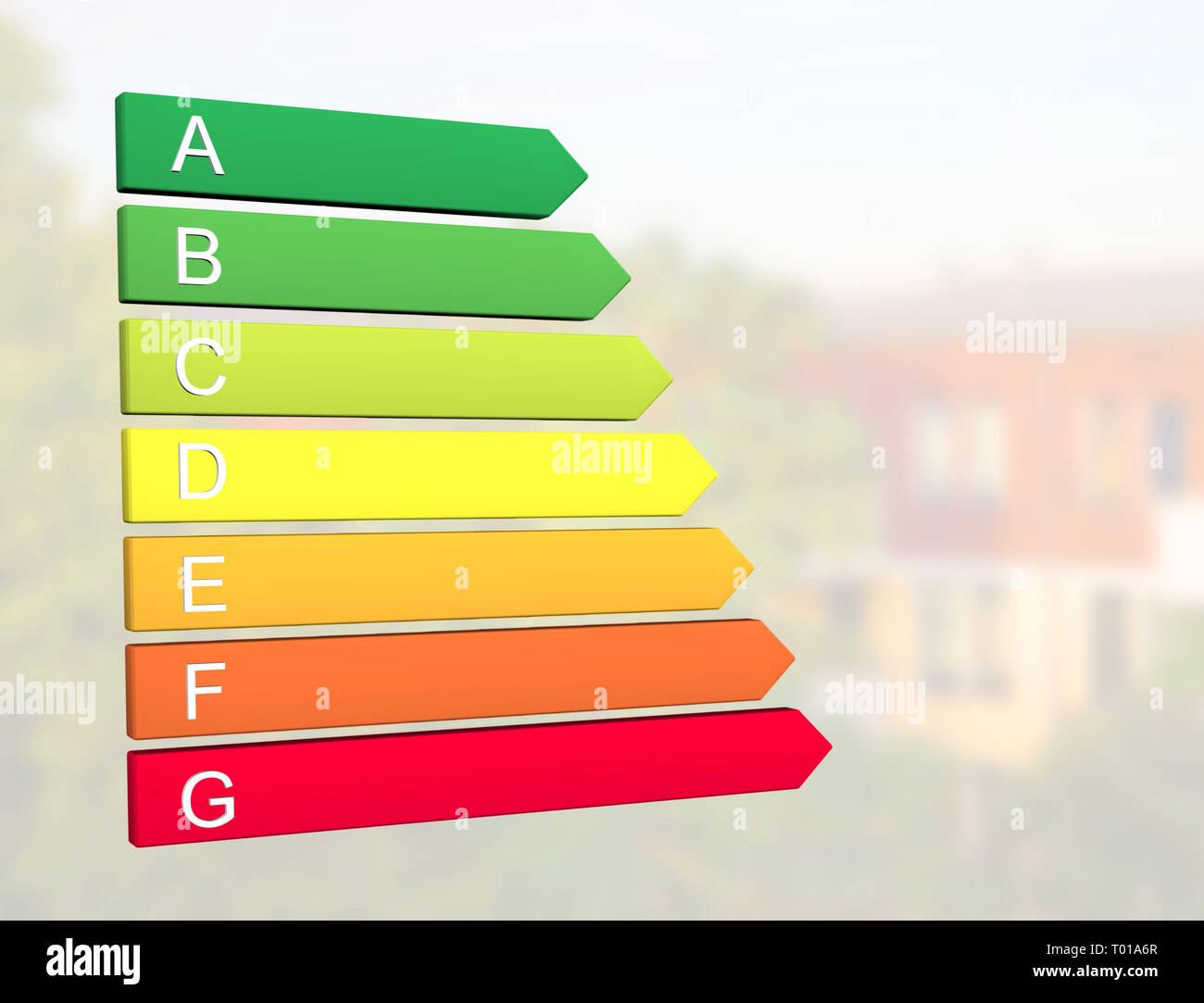 2019 nueva etiqueta de clasificación de eficiencia energética europea con clases de la A a la G delante del fondo para la construcción de viviendas Foto de stock