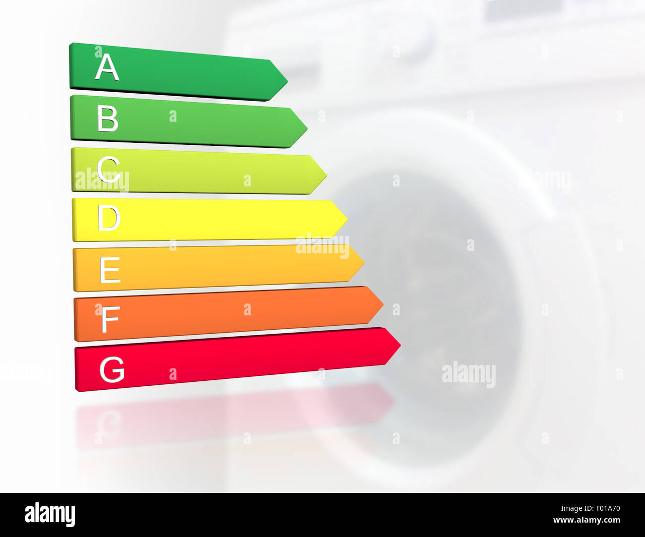 2019 nueva etiqueta de clasificación de eficiencia energética europea con clases de la A a la g delante de la lavadora antecedentes Foto de stock