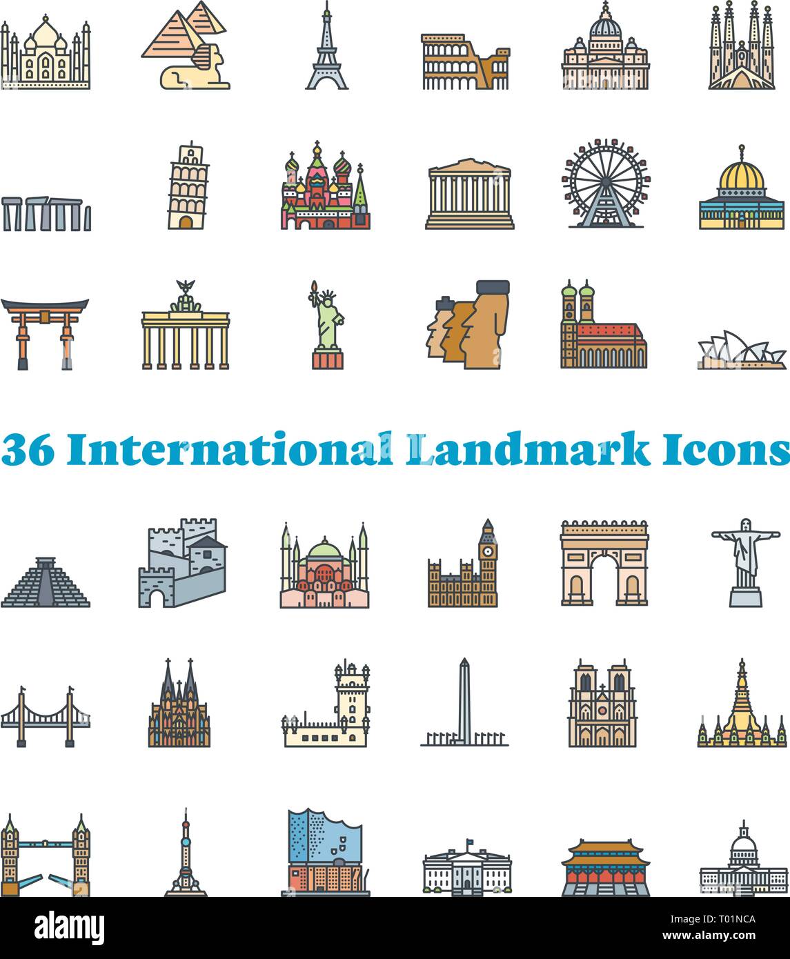 Set de 36 iconos de color hito internacional. Viajes, Turismo y paseos ilustraciones. Llena el estilo de esquema. Ilustración del Vector