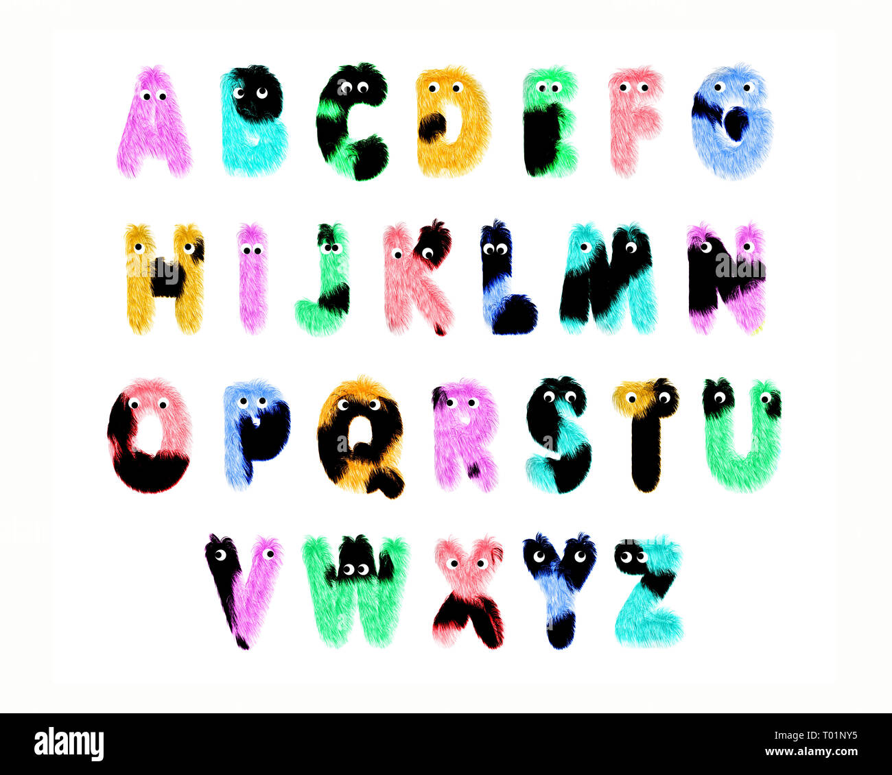 Coloridos personajes furry alfabeto, aislado sobre fondo blanco. Foto de stock