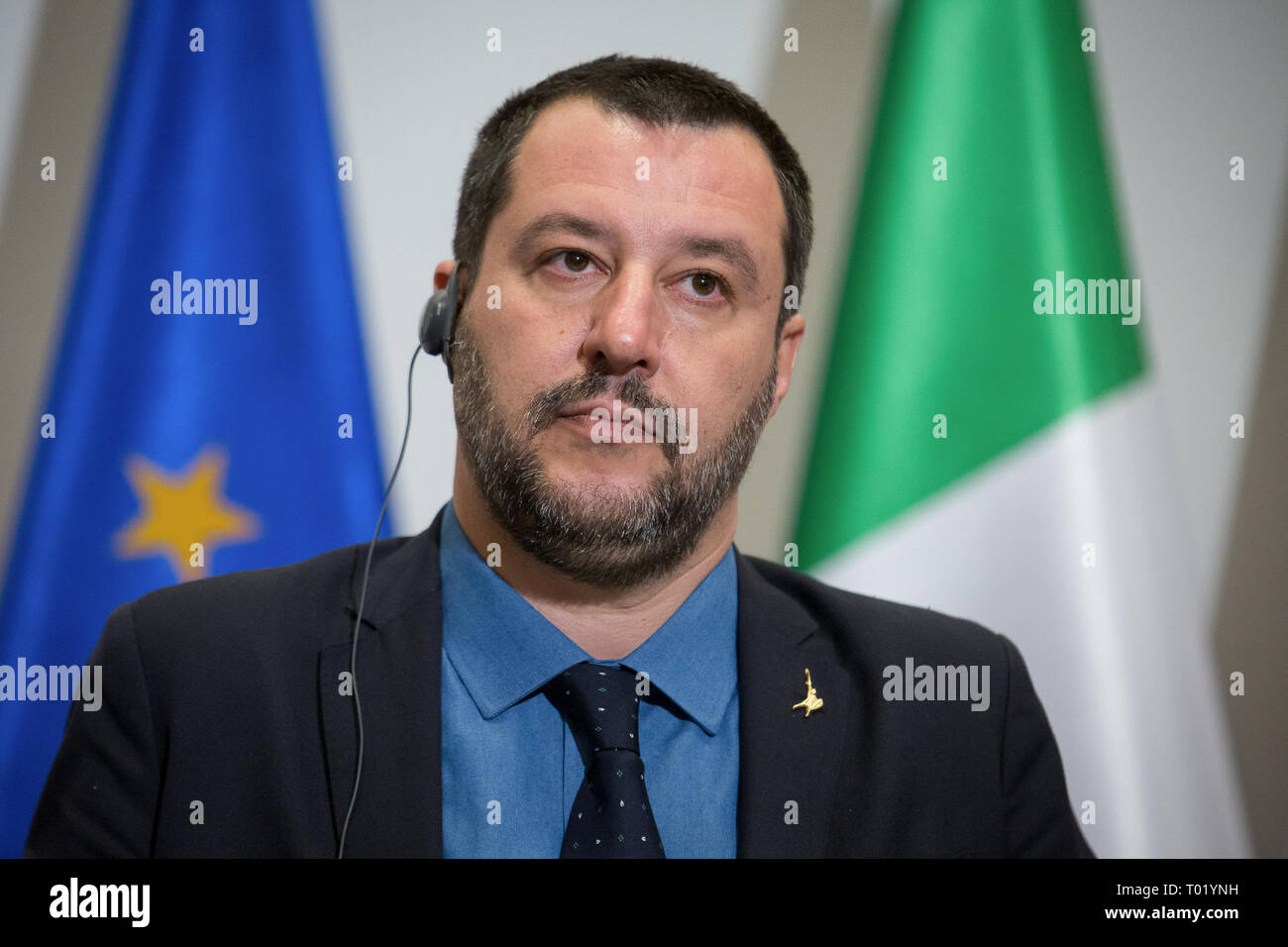 El Viceprimer Ministro italiano Matteo Salvini durante la conferencia de prensa con el Ministro del Interior polaco Joachim Brudzinski al Ministerio del Interior en Varsovia, Polonia, del 9 de enero de 2019 Foto de stock