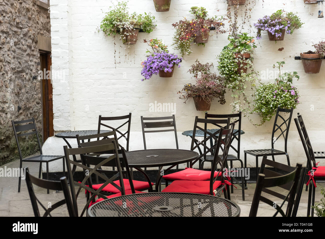 Sillas y mesas fuera de la cafetería con plantas y decoración Fotografía de  stock - Alamy