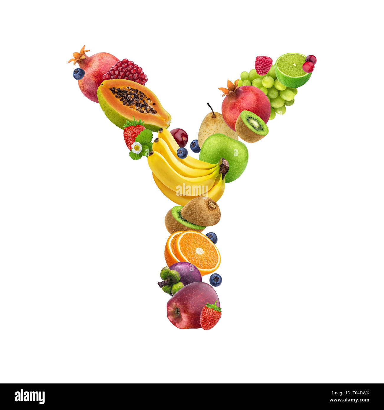 Letra y hechas de diferentes frutas y bayas, frutas font aislado sobre