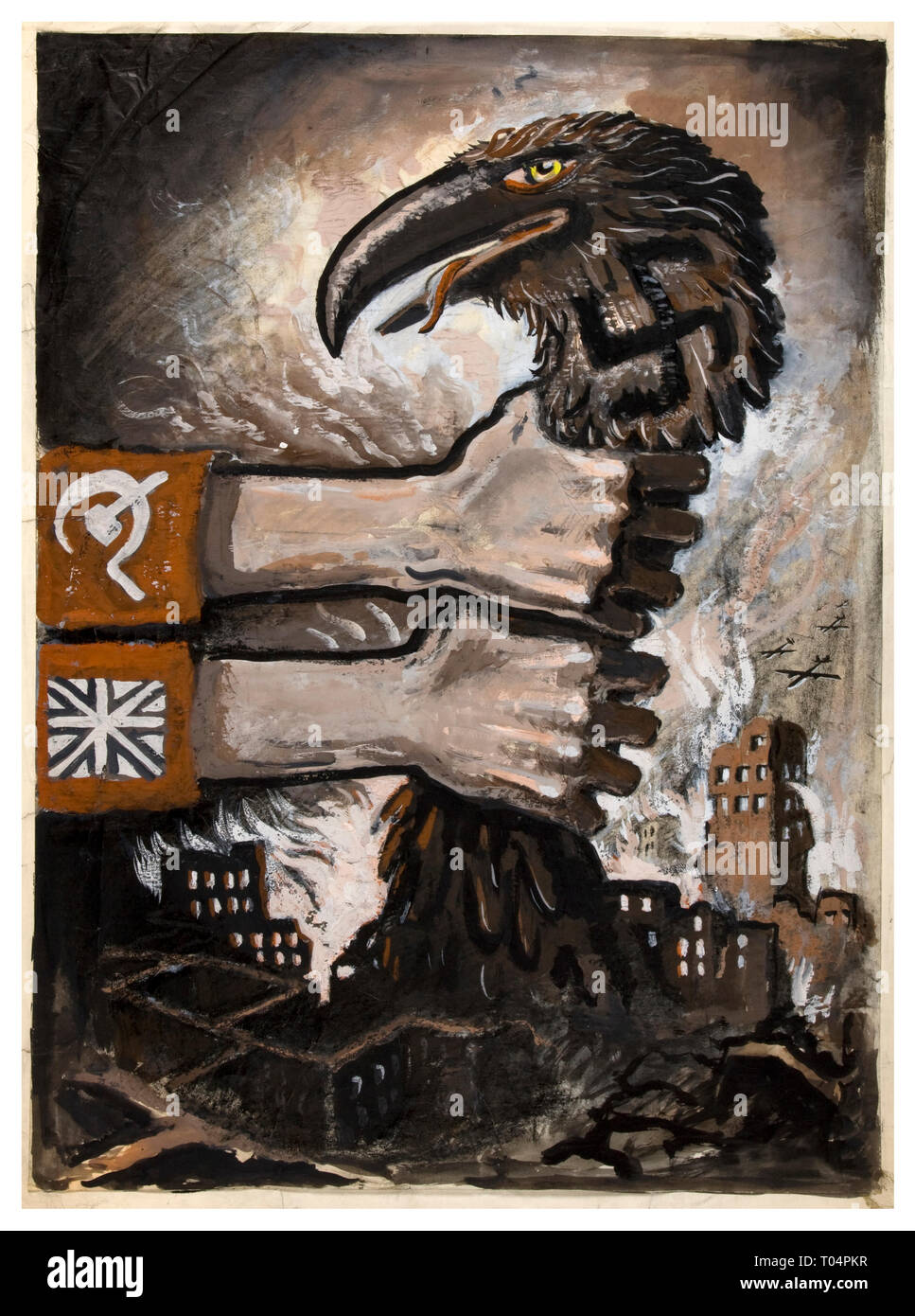 Cartel propagandístico Vintage WW2 las Potencias Aliadas soviéticas y estrangulando la unidad británica de la esvástica depredadora vistiendo Alemania hawk-como medio de aves ruinas de la Alemania nazi en 1940. Foto de stock