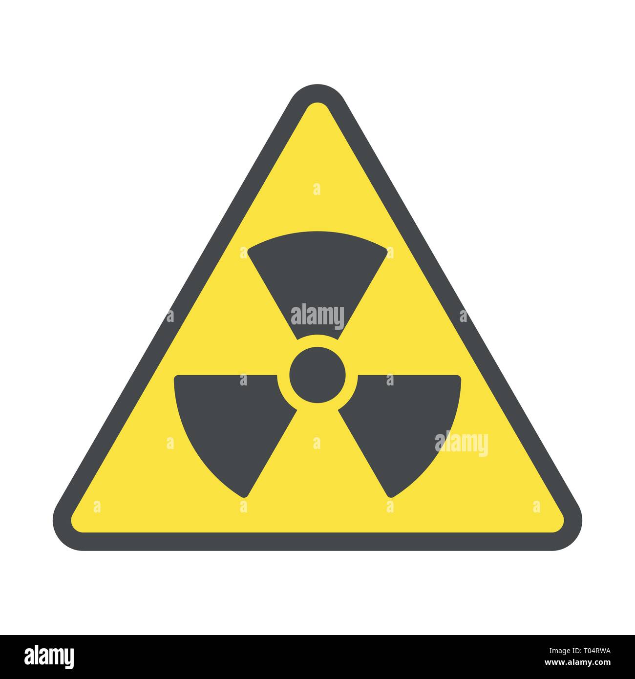 Zona radiactiva, vector signo o símbolo. Advertencia radiactivo en el icono de triángulo aislado sobre fondo amarillo con rayas. La radioactividad Ilustración del Vector