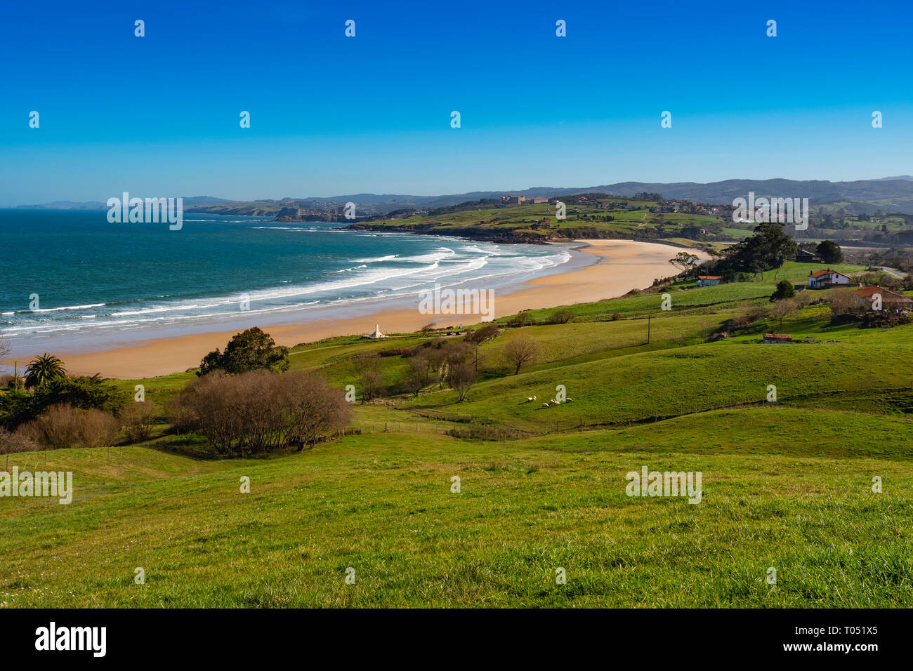 Praderas de césped verde y fresco. La playa de Oyambre, Comillas. Mar Cantábrico. Cantabria, España. Europa Foto de stock