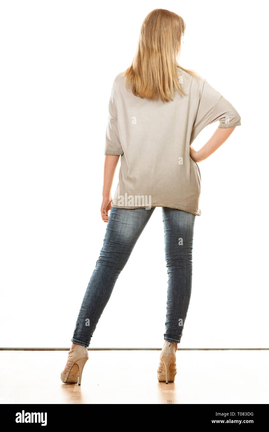 Woman in denim pants high fotograf as e im genes de alta