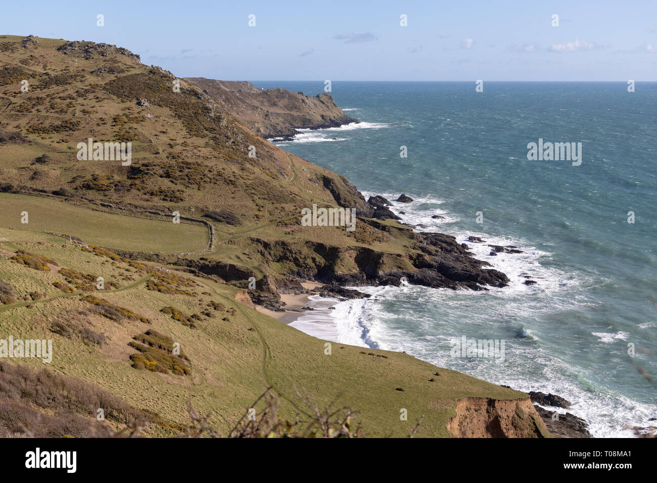 Vista desde Gara Rock Hotel, East Portlemouth, Devon, Reino Unido Foto de stock