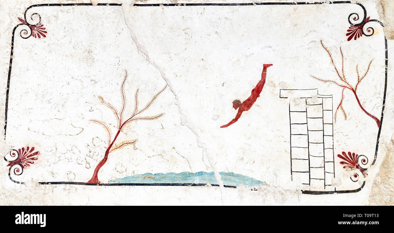 Paestum, griego antiguo Fresco Diver's Tomb. Italia Foto de stock