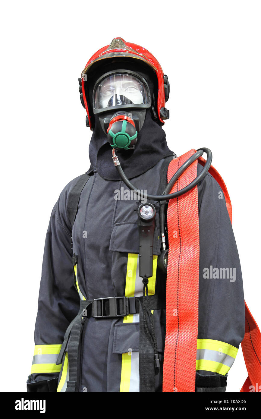 El Bombero Con El Fuego Y El Traje Para Protegen Al Bombero Imagen de  archivo - Imagen de exterior, casco: 150192445
