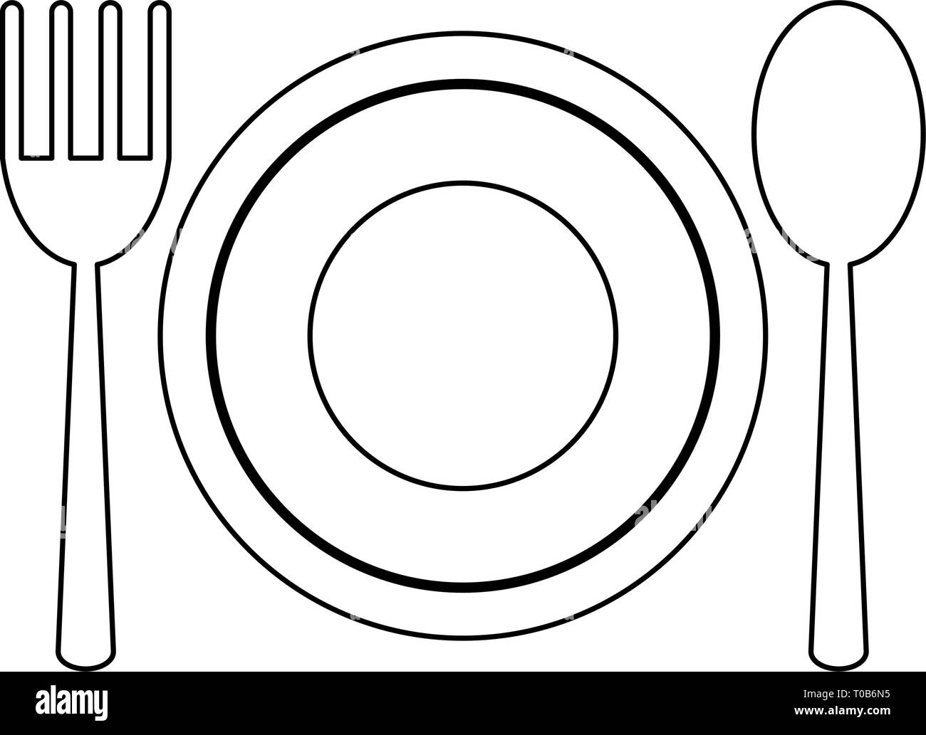 quemado Agresivo Elasticidad plato con cuchara y tenedor en blanco y negro Imagen Vector de stock - Alamy