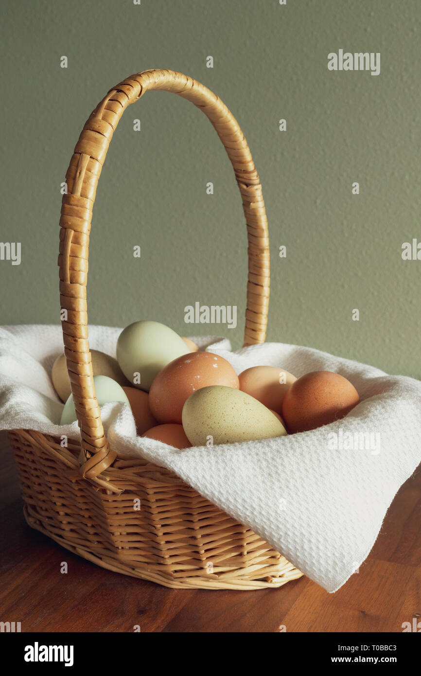 Colorido pollo fresco huevos en una canasta Foto de stock