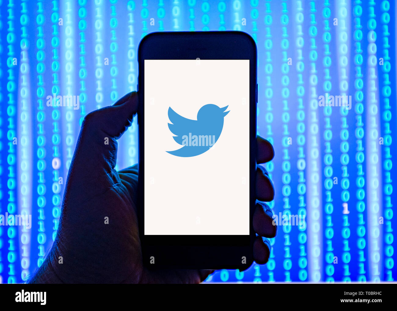 Persona sosteniendo el teléfono inteligente con Twitter Logotipo mostrado en la pantalla. Foto de stock