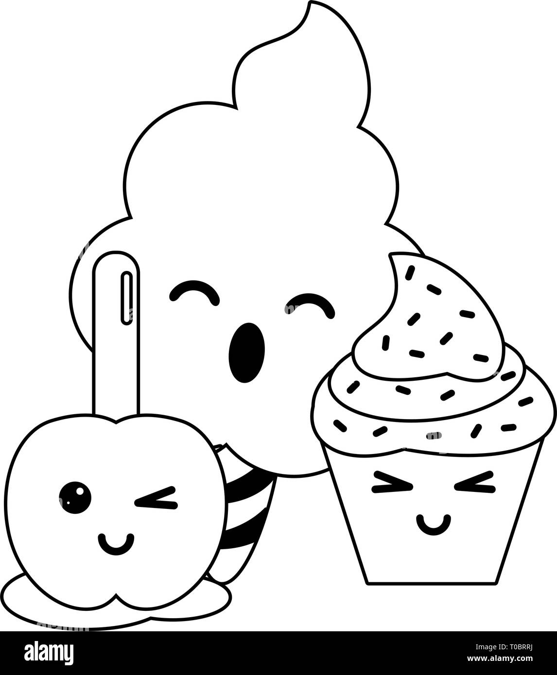 caramelos y postres dibujos animados kawaii en blanco y negro Imagen Vector  de stock - Alamy