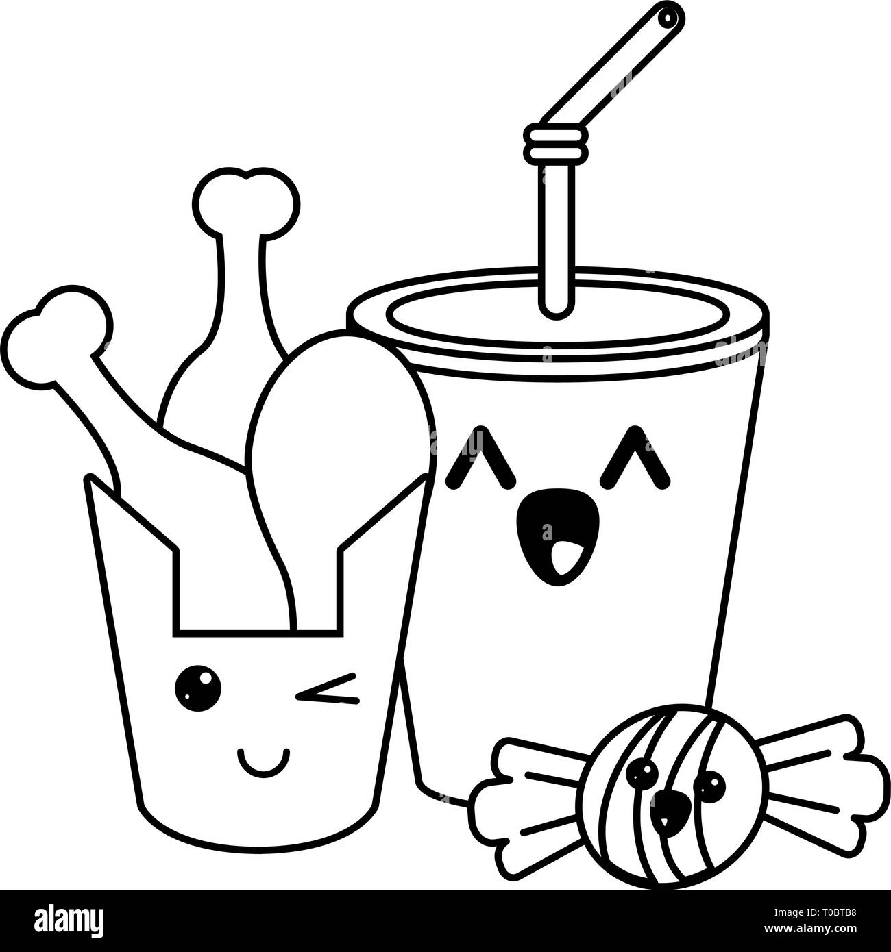 Dibujos animados de comida rápida kawaii en blanco y negro Imagen Vector de  stock - Alamy