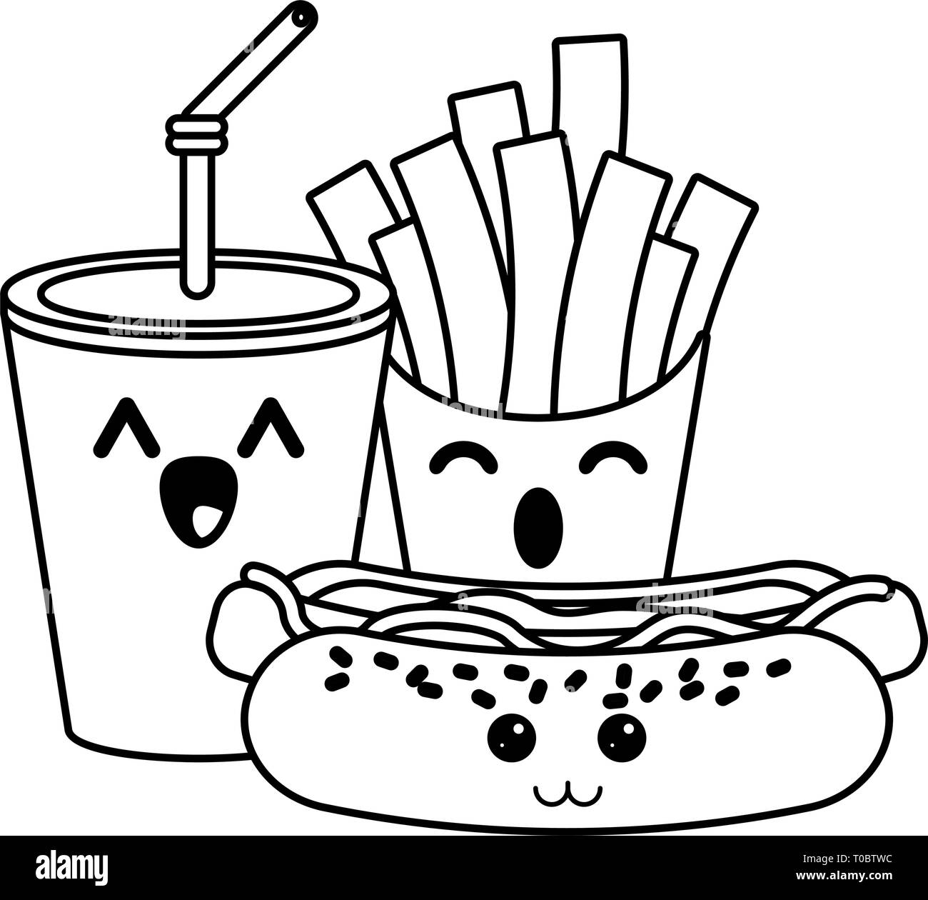 Dibujos animados de comida rápida kawaii en blanco y negro Imagen Vector de  stock - Alamy