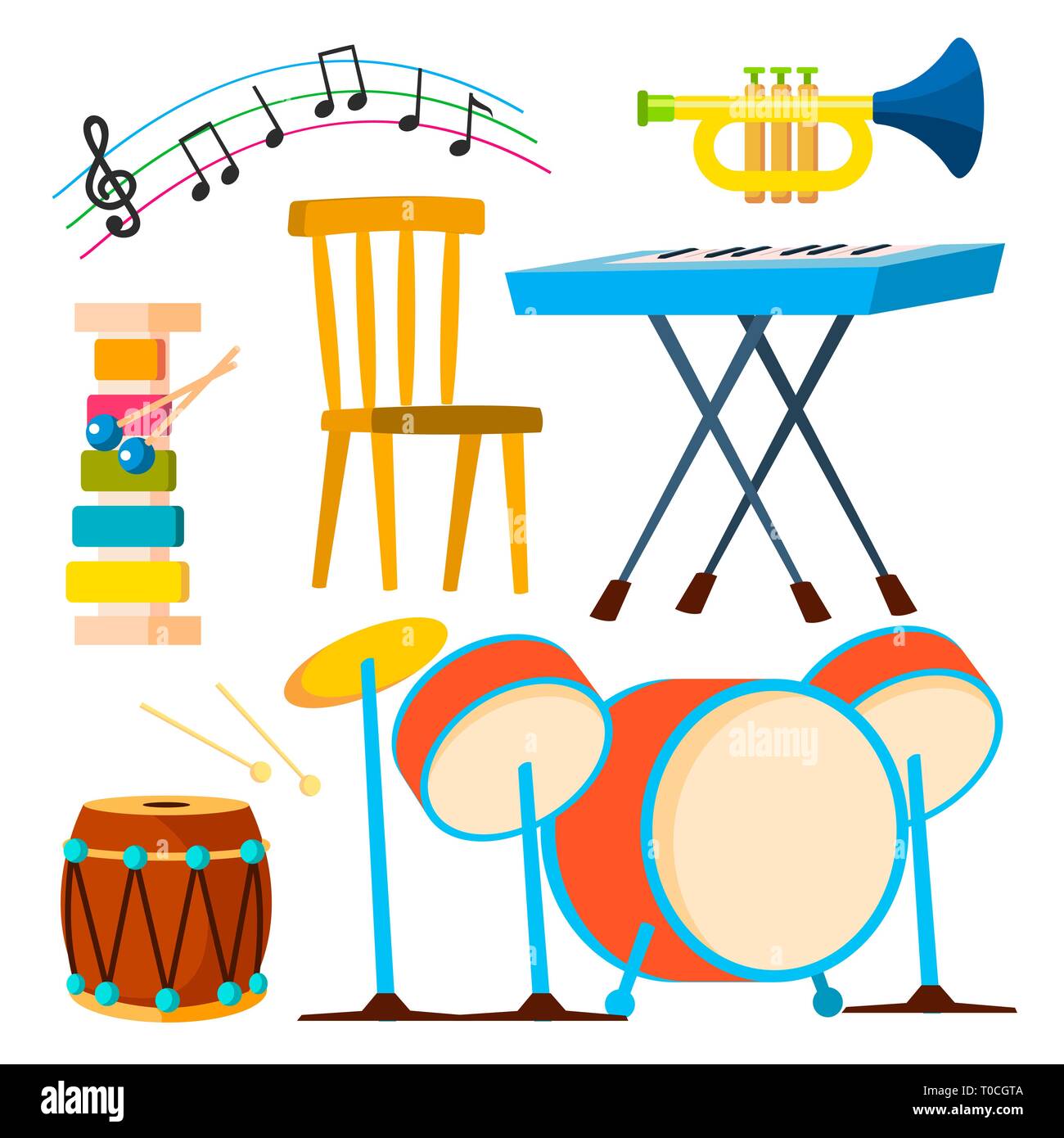 Instrumentos musicales tambor instrumento de teclado trompeta Vector.  Ilustración Imagen Vector de stock - Alamy